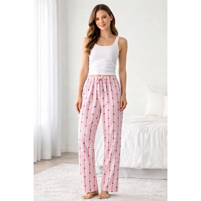 Viskon Pamuklu Kadın Açık Pembe Desenli Pijama Pantolon - MG007 - Mudanis