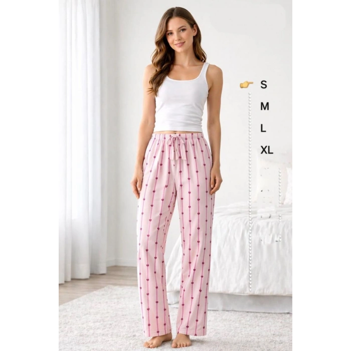 Viskon Pamuklu Kadın Açık Pembe Desenli Pijama Pantolon - MG007 - Mudanis