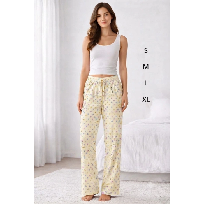 Viskon Pamuklu Kadın Açık Sarı Desenli Pijama Pantolon - MG010 - Mudanis