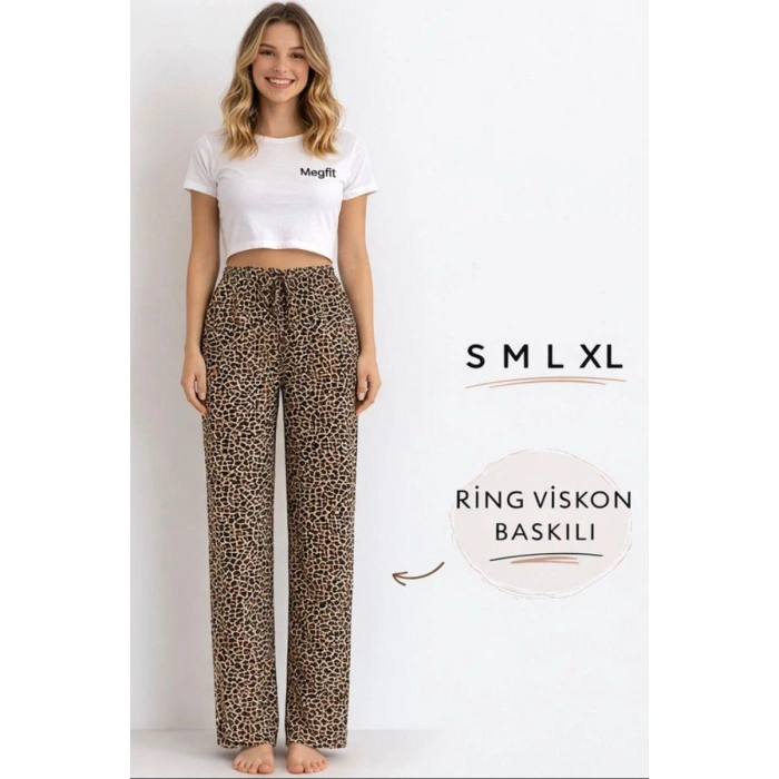 Viskon Pamuklu Kadın Leopar Desenli Pijama Pantolon - MG005 - Mudanis