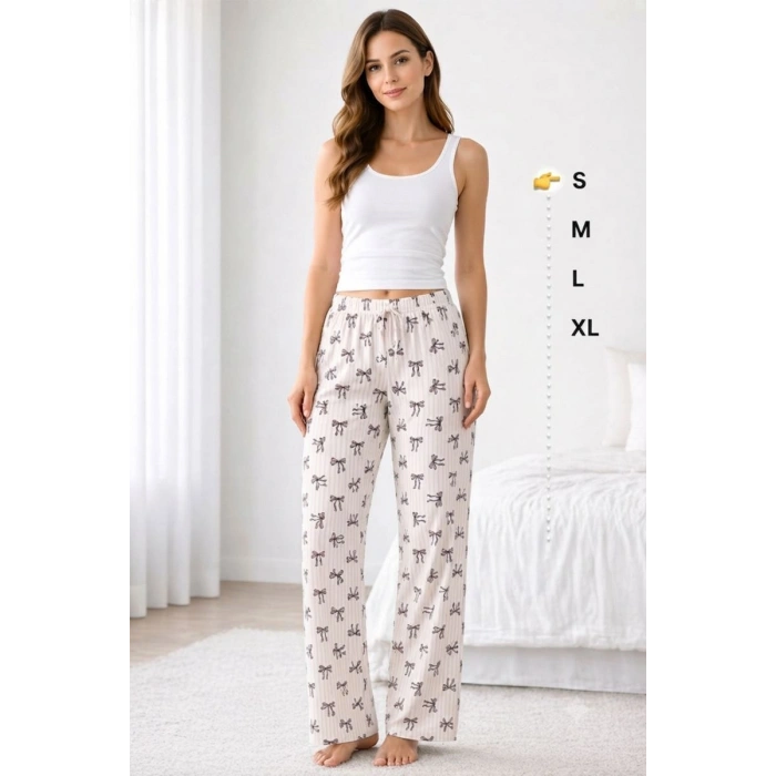 Viskon Pamuklu Kadın Pudra Desenli Pijama Pantolon - MG009 - Mudanis