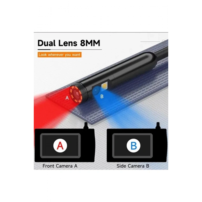 Vtn-008 Ekranlı Çift Kameralı 10 Mt Sert Kablo Yılan Endoskop Kamera 8 Mm 4.3 Inc