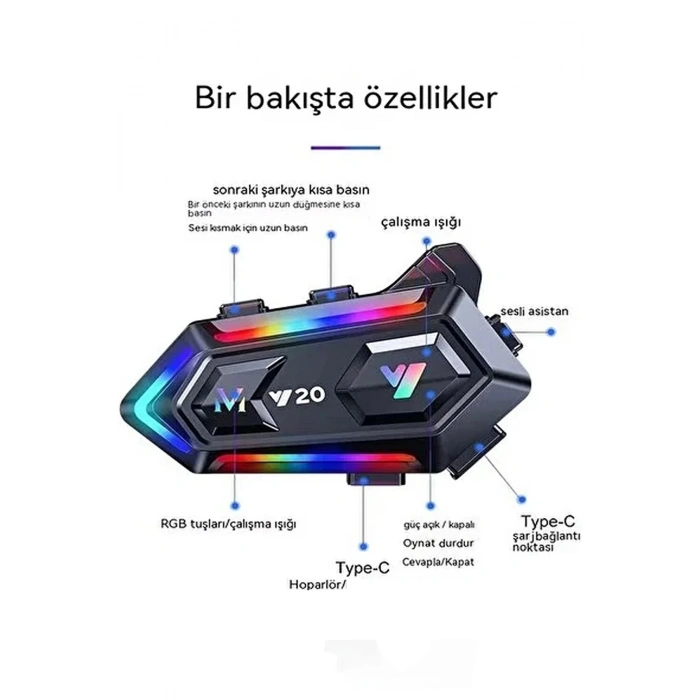 Y20 Motor Kurye Kask Kulaklık Rgb Modlu Bluetooth Motosiklet Kulaklık 5.3 Bluetooth Interkom
