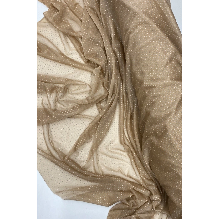 Yağmur Damlası Simli Abiye Elbise Şallık Tül Kumaş Açık Gold 28-A