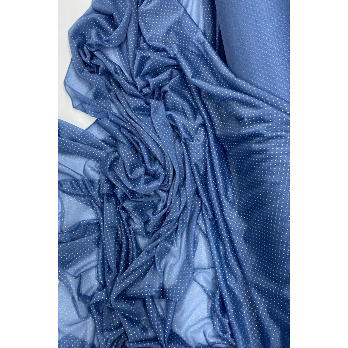 Yağmur Damlası Simli Abiye Elbise Şallık Tül Kumaş İndigo Mavi 89