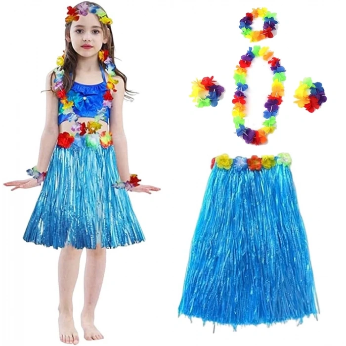 Yetişkin Ve Çocuk Uyumlu Hawaii Luau Aloha Mavi Püsküllü Etek Kolye Taç Ve 2 Adet Bileklik Seti