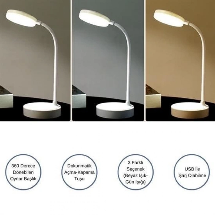 Yuvarlak USBli Dokunmatik 3 Kademeli 360 Derece  Özel Göz Korumalı Led Lityum Masa ası
