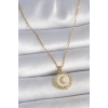 BFS 316L Çelik Gold Renk Zincir Beyaz Mineli Hilal İşlemeli Madalyon Model Kadın Kolye