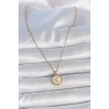 BFS 316L Çelik Gold Renk Zincir Beyaz Mineli Hilal İşlemeli Madalyon Model Kadın Kolye