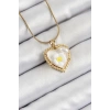 BFS 316L Çelik Zincir Beyaz Sanatsal Portre İnci Detaylı Papatya Figürlü Kalp Model Gold Renk Kadın Kolye
