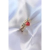 BFS Gold Renk Kırmızı Zirkon Taş Kalp Model Pirinç Kadın Yüzük