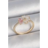 BFS Pirinç Gold Renk Beyaz Mineli Pembe Zirkon Taşlı Çiçek Model Kadın Yüzük