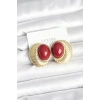 BFS Pirinç Gold Renk Bordo Boncuklu Oval Vintage Kadın Küpe