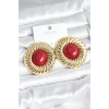 BFS Pirinç Gold Renk Bordo Boncuklu Vintage Kadın Küpe