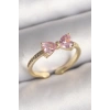 BFS Pirinç Gold Renk Pembe Zirkon Taşlı Kalp Fiyonk Model Kadın Yüzük