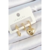 BFS Pirinç Zirkon Taşlı Kalp Model Gold Renk 3lü Çift Kadın Küpe Set