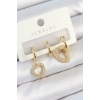 BFS Pirinç Zirkon Taşlı Kalp Model Gold Renk 3lü Çift Kadın Küpe Set