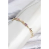 Mey İthalat® Pirinç Gold Renk Pembe ve Mor Zirkon Taşlı Çiçek Model Kadın Bileklik