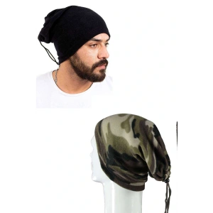 2 Adet Polar İpli Bere ve Boyunluk Siyah Kamuflaj