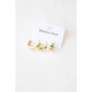 3lü Taşlı Çelik Halka Küpe - Altın