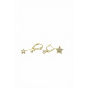 3lü Taşlı Halka Küpe - Altın