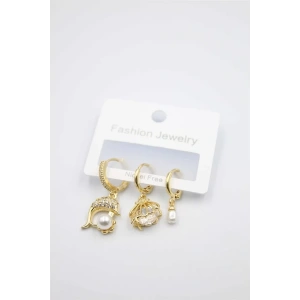 3lü Yunus Balığı Küpe - Altın