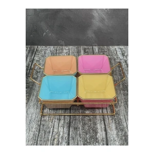 4 Bölmeli Gold Standlı Cam Kahvaltılık Çerezlik Sunumluk Renkli