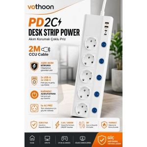 5’li Akım Korumalı Çoklu Priz 2 Metre Kablolu 3680w 16a 5 Anahtarlı 2usb-a 2 Usb-c Pd 20w Hızlı Ftr-28