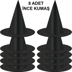 8 Adet Siyah Cadı Şapkası – Yetişkin  Çocuk Kostüm Aksesuarı
