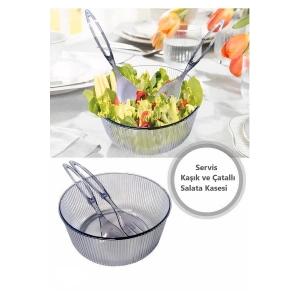 Akrilik, Yuvarlak, Servis Kaşığı ve Çatallı Salata Kasesi Servis Sunum Tabağı 23 cm