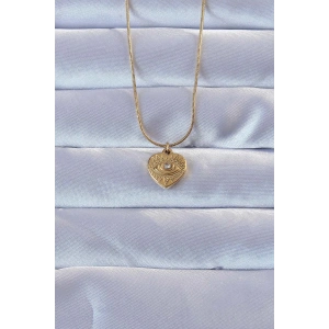 BFS 316L Altın Renk Zirkon Taşlı İşlemeli Göz Detay Kalp Kolye