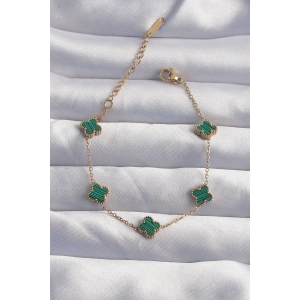 BFS 316L Çelik Baby Boy Gold Renk Çizgili Yeşil Mineli Yonca Bileklik