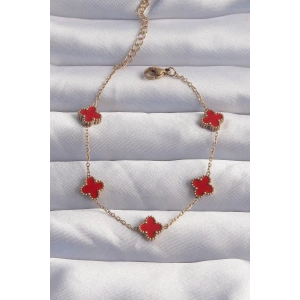 BFS 316L Çelik Baby Boy Gold Renk Kırmızı Mineli Yonca Bileklik