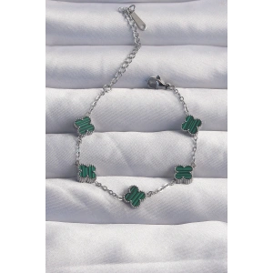 BFS 316L Çelik Baby Boy Gümüş Renk Çizgili Yeşil Mineli Yonca Bileklik