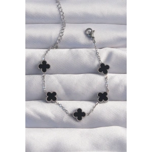 BFS 316L Çelik Baby Boy Gümüş Renk Siyah Mineli Yonca Bileklik