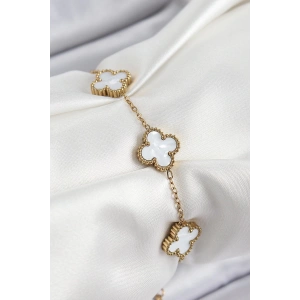 BFS 316L Çelik Beyaz Sedef Yonca Model Gold Renk Kadın Bileklik