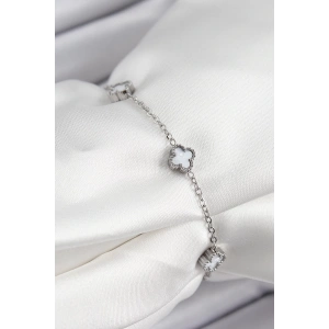 BFS 316L Çelik Beyaz Sedef Yonca Model Gümüş Renk Kadın Bileklik