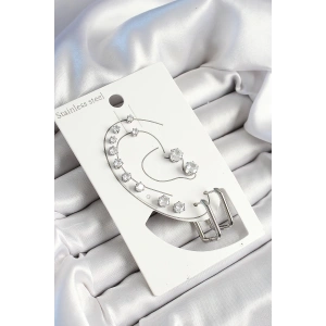 BFS 316L Çelik Dikdörtgen Figürlü Ve Zirkon Taşlı Gümüş Renk 7li Çift Kadın Küpe Set