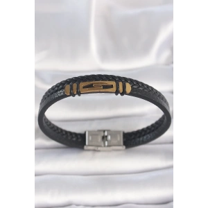 BFS 316L Çelik Gold Renk Aksesuarlı Çift Sıra Siyah Burgu Desenli Deri Kordon Erkek Bileklik