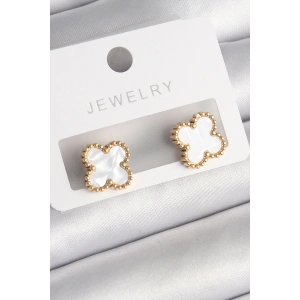 BFS 316L Çelik Gold Renk Beyaz Minelik Yonca Model Kadın Küpe