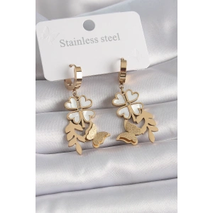 BFS 316L Çelik Gold Renk Beyaz Sedefli Yonca Simli Kelebek Figür Kadın Küpe
