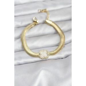 BFS 316L Çelik Gold Renk Beyaz Yonca Model Zirkon Taşlı Yılan Zincirli Kadın Bileklik