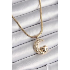 BFS 316L Çelik Gold Renk Çelik İtalyan Zincir Zirkon Taşlı Halil Figür Kalp Detay Kadın Kolye