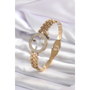 BFS 316L Çelik Gold Renk Çeyrek Takılabilen Zirkon Taş Detay Kadın Kelepçe