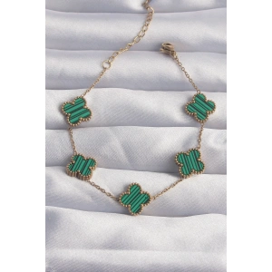 BFS 316L Çelik Gold Renk Çizgili Yeşil Mineli Yonca Bileklik