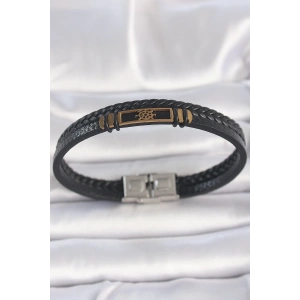 BFS 316L Çelik Gold Renk Gemi Dümeni Aksesuarlı Çift Sıra Burgu Desenli Deri Kordon Erkek Bileklik