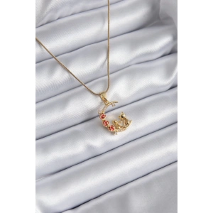 BFS 316L Çelik Gold Renk Hilal Kedi Model Zirkon Taşlı Detay Kadın Kolye