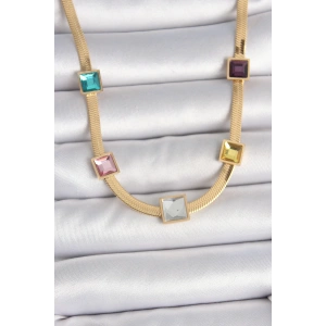 BFS 316L Çelik Gold Renk İtalyan Zincir Model Kare Renkli Zirkon Taşlı Kadın Kolye