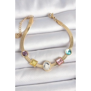 BFS 316L Çelik Gold Renk İtalyan Zincir Renkli Zirkon Taşlı Kadın Bileklik