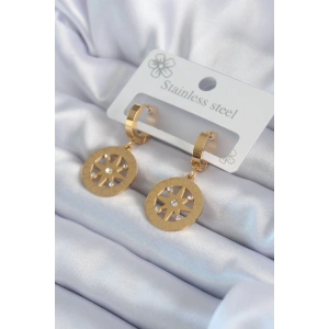 BFS 316L Çelik Gold Renk Kutup Yıldızı Model İşleme Detay Zirkon Taşlı Kadın Küpe